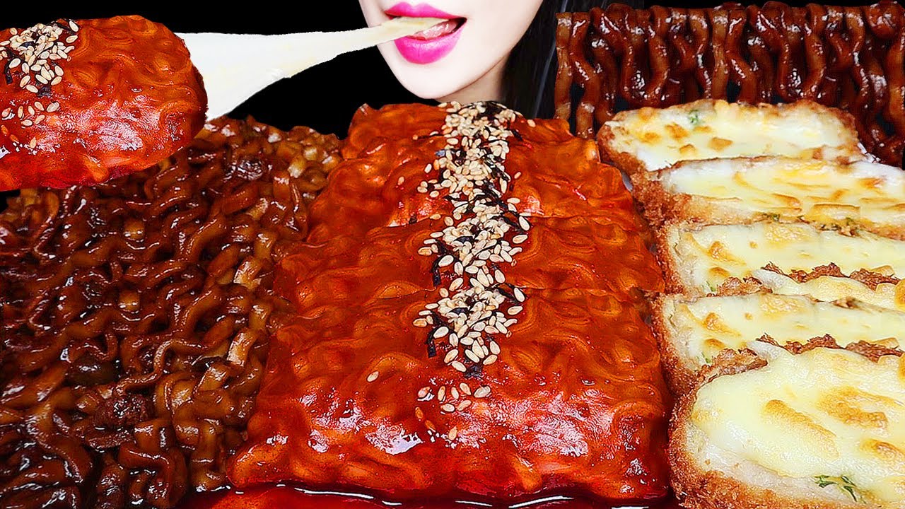 ASMR SPICY FIRE NOODLE WRAP,  BLACK BEAN NOODLES 불닭쌈 짜장라면 먹방 EATING SOUNDS MUKBANG