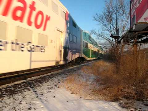 Inbound Barrie GO Transit commuter rail train crossing over the Sheppard Avenue West bridge, footage taken on the morning of 5th January, 2009, with a Canon Powershot A640.