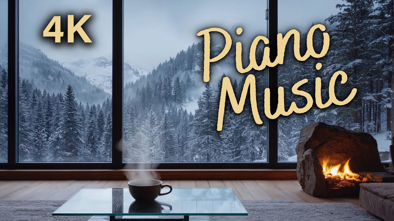 Cozy winter piano music by the fireplace - relaxing view of a snowy ...