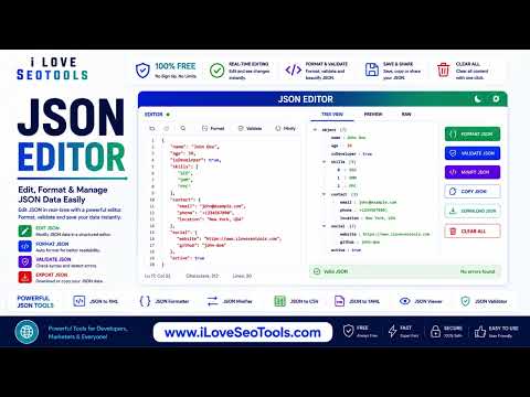 🛠️ Free JSON Editor – Edit & Manage JSON Data Online | iLoveSEOTools