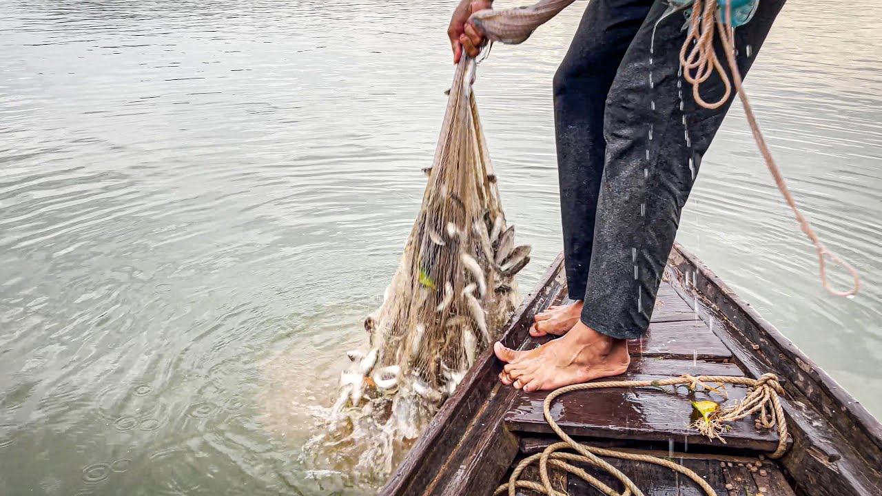 Cast a net in the river to catch fish Traditional fishing - YouTube