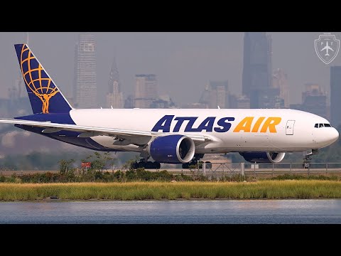 4K | Atlas Air 777F Freighter Powerful Takeoff from JFK Runway 04L | Manhattan Skyline Backdrop