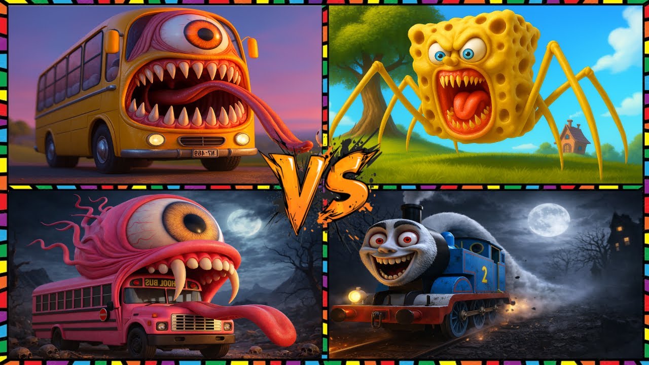 🚂👀😱 School Bus Eater 😱🆚 SpongeBob SquarePants 🆚 Pink Bus 🆚 Thomas Train- Coffin Dance Song🎶