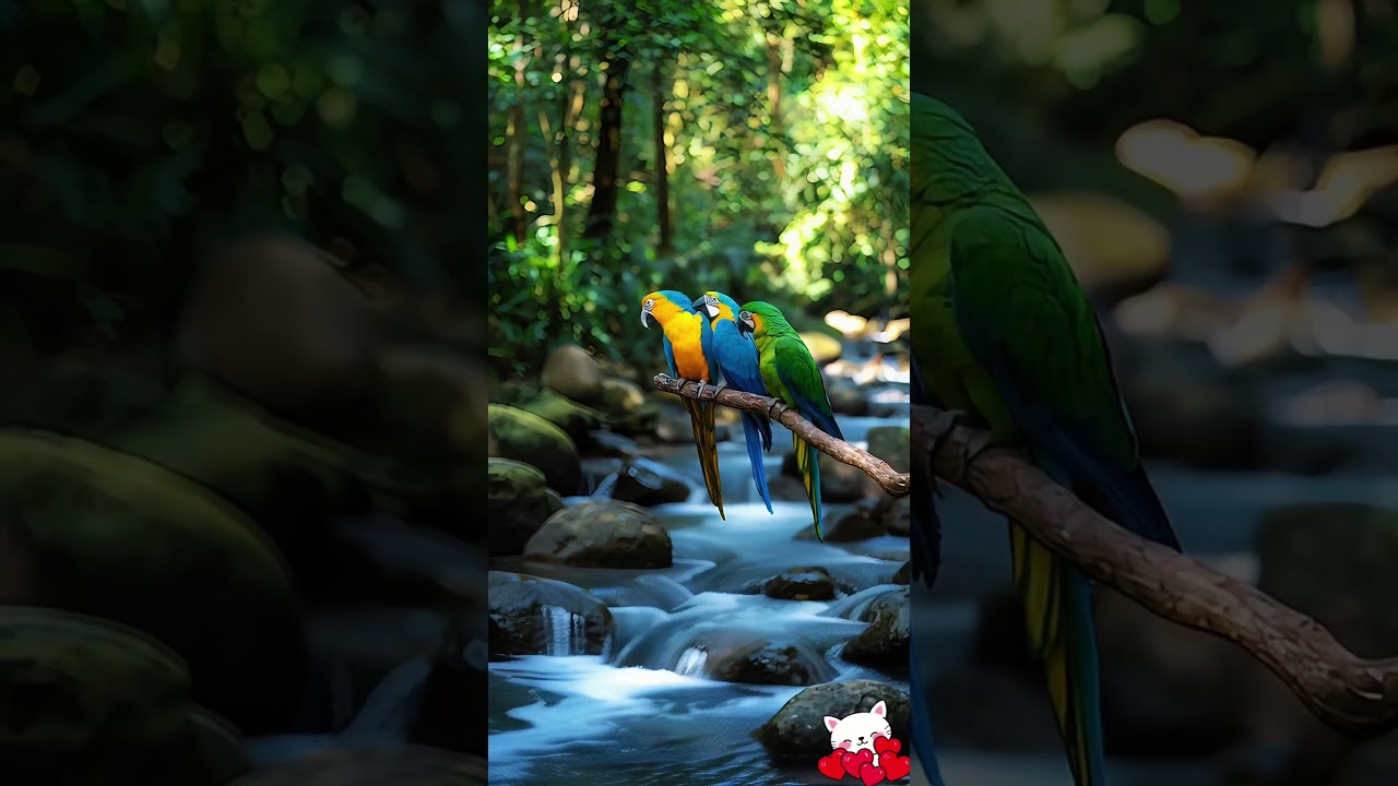 “Colorful Parrots by the Stream | Jungle Birds in 8K HDR”