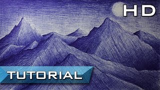 How to Draw Mountains with Pencil Step by Step - Drawing a Landscape with Ballpoint Pen - Tutorial