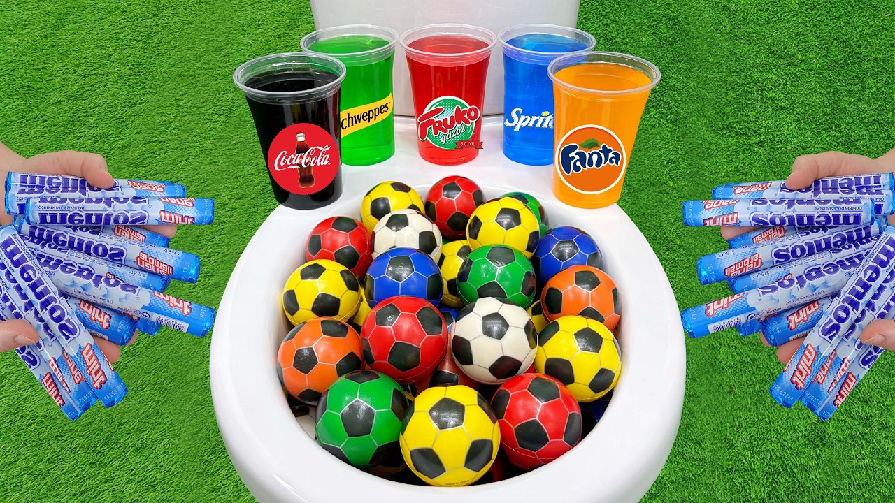 Mini Football vs Popular Sodas !!! Sprite, Coca Cola, Fruko, Fanta and Mentos in the toilet