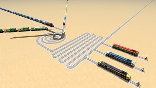 GIANT DESERT SPIRAL MAZE VS 4 TRAIN CRASH CHALLENGE🚀ZIG ZAG CURVE TRAIN SIMULATOR 