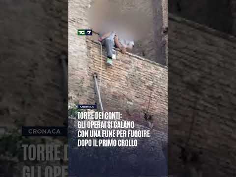 Video Torre dei Conti: gli operai si calano con una fune per fuggire dopo il primo crollo