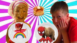 PANCAKE ART CHALLENGE Mystery Spider Bear Man & How To Make PJ Mask ЧЕЛЛЕНДЖ Нарисуй и Зажарь Блины