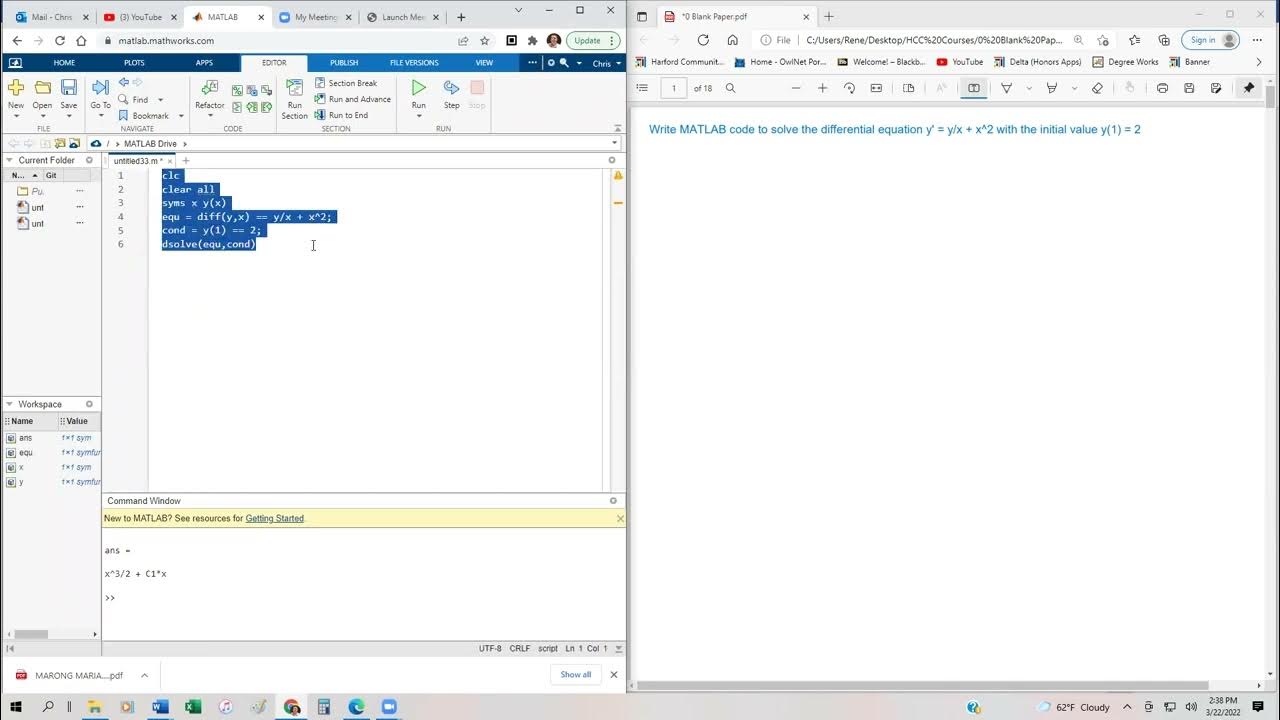 Solve First Order DE in MATLAB - YouTube