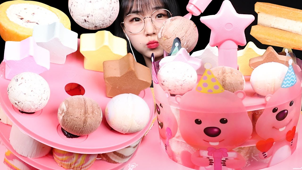 ASMR MUKBANG | 반짝이는 잔망루피 아이스크림 케이크 먹방 CHOCOLATE 🍫 ICE CREAM CAKE EATING SOUNDS アイスクリームケー