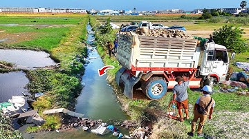 Full Video Completed 90% New Landfill use Dump Truck 5Ton into canal & Dozer Pushing Stone Soil