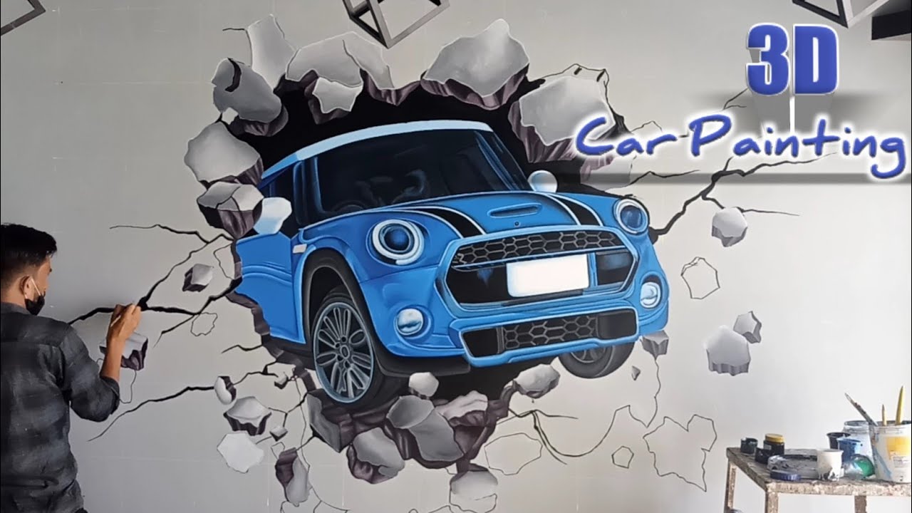 3D car hand painting for wall | 3D wall Cracks and Bricks interior ...