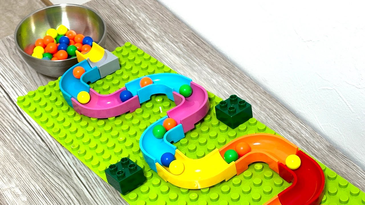 Colorful block rail & HABA wave slope marble run! YouTube