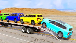 Flatbed Trailer SUV Cars Transportation with Truck - Car vs Speed Bump #003 - BeamNG.Drive