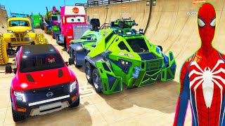 Spiderman Cars Monster Trucks Mega Lake Ramp Challenge ! Superheroes Hulk Goku Fire Truck - Gta V