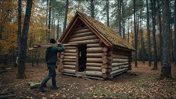 I Built a LOG CABIN Shelter in the Wilderness with NO Tools /Survival skills /  cooking over fire