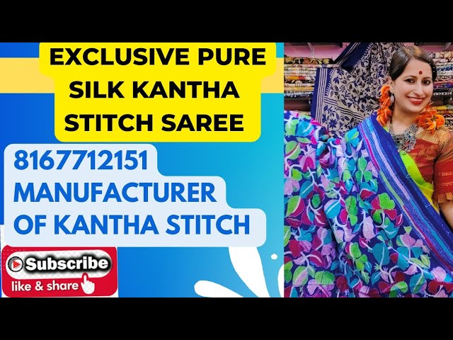 Navy Blue Multicolor Thread Hand Embroidered Kantha Silk Saree – Craftyle