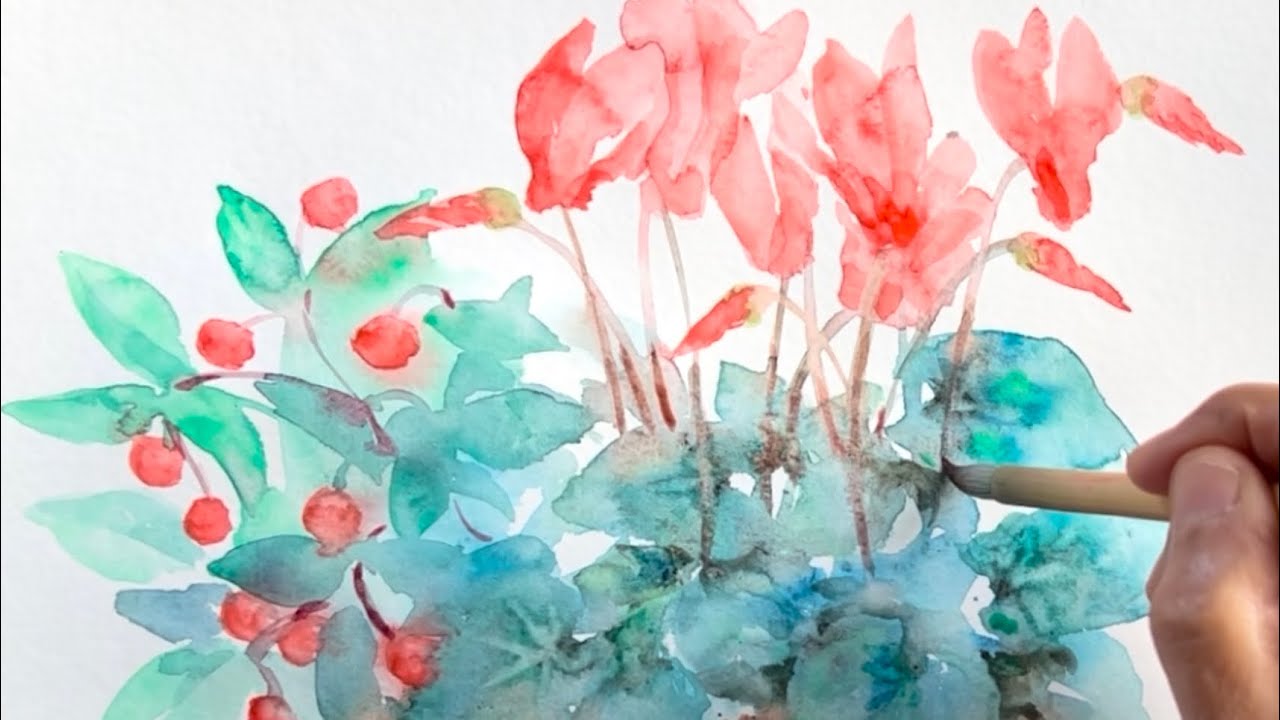 水彩画]シクラメンとチェッカーベリーを描く/watercolorpainting/制作