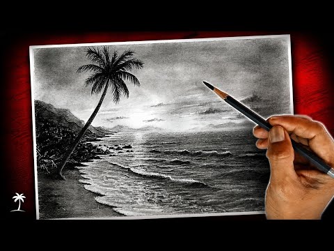 Pencil drawing of sunset beach and sea waves with easy ways.