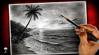 Pencil drawing of sunset beach and sea waves with easy ways.