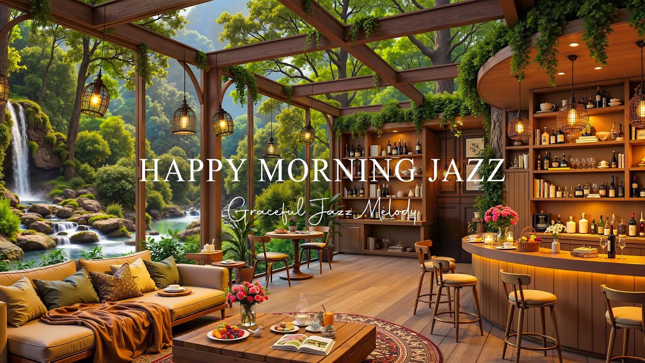 Happy Morning Cafe Ambience for Stress Relief ☕ Relaxing Jazz Music with Beautiful Waterfall Scenery
