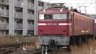 JR貨物　ED76 1021形　機関車が牽引する。大型コンテナ多数積載　すれ違いJR九州　787系特急きりしま14号（鹿児島中央駅～宮崎駅）6014M　和泉屋踏切&黒田踏切　撮影日2023.12.25