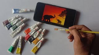 #elephant sunset drawing with watercolor step by step | easy sunset scenery painting