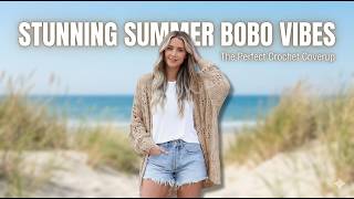 Women's Summer Crochet Cardigan Coverup | Boho Open Front Kimono (Khaki)