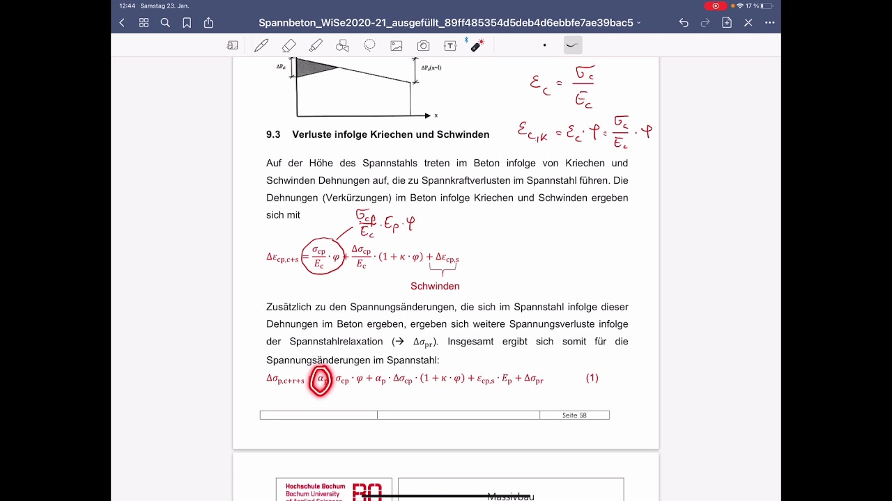 Spannbetonbau, Vorlesung 12, Spannkraftverluste infolge Kriechen und Schwinden