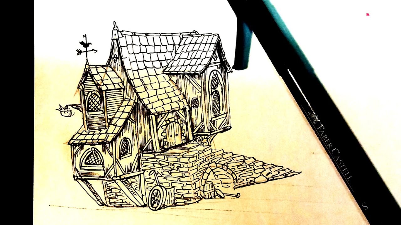 Drawing a medieval house (2) - YouTube