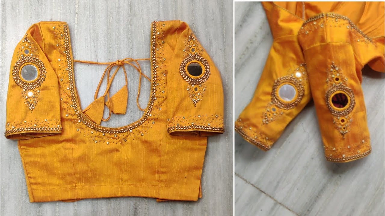 Grand mirror work with beads on stitched blouse using normal needle