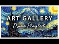 You are walking through a peaceful art gallery with classical music and beautiful art
