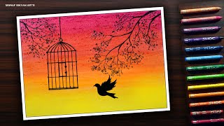 Beautiful Sunset Scenery | Drawing Tutorial for Beginners with Wax Crayons #192
