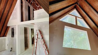 HANGING DRYWALL IN A 1970'S A-FRAME CABIN | RENOVATING A CABIN FOR AIRBNB