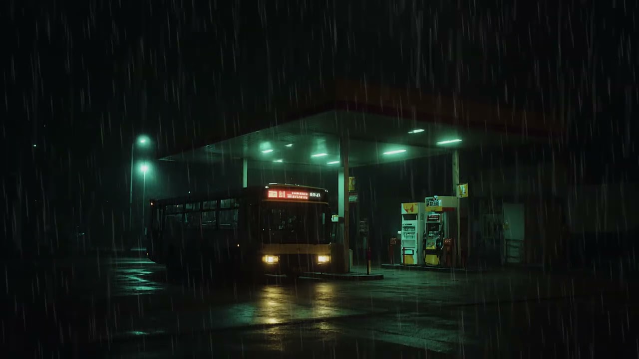 Lonely Bus Station in Heavy Rain 🌧️ Dark Night Ambience for Calm & Relaxation