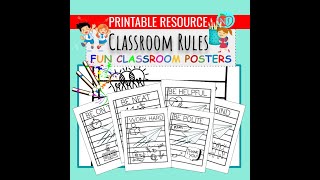 Classroom Rules Poster Teacher Resource - 12 Black & White | Coloring Activity