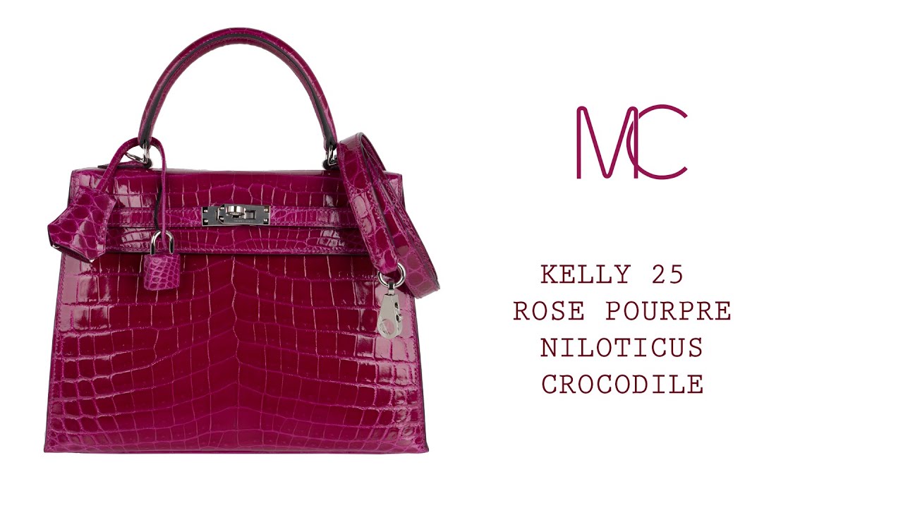 Hermes Kelly 25 Bag Sellier Rose Pourpre Crocodile Palladium