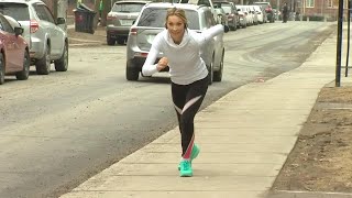 Evanka Osmak attempts to beat Sid Seixeiro’s 40-yard dash time
