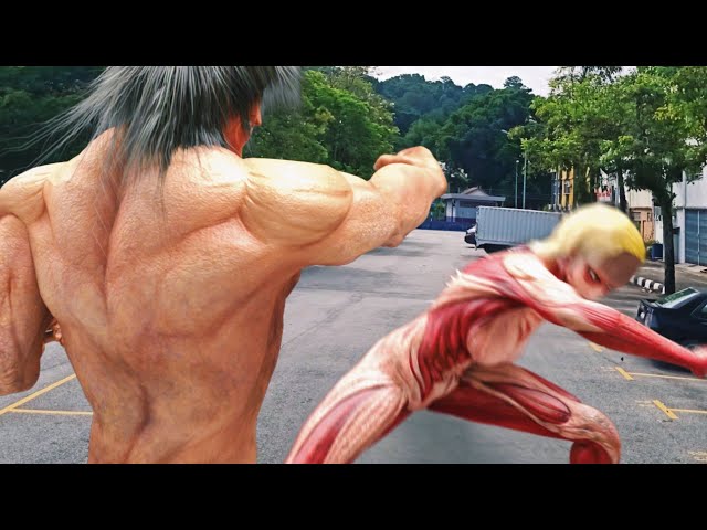 Female Titan VS Attack Titan Armor Titan and Mikasa Titan in live-action class=