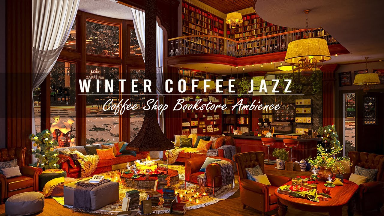 ⁣Winter Coffee Shop Bookstore Ambience with Relaxing Jazz Music and Crackling Fireplace & SnowFal