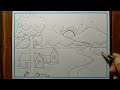 Easy village scenery drawing hillside drawingsun streamtreebird drawing  pencil drawing
