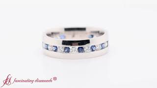 Mens Diamond Channel Wedding Band With Sapphire In 14K White Gold
