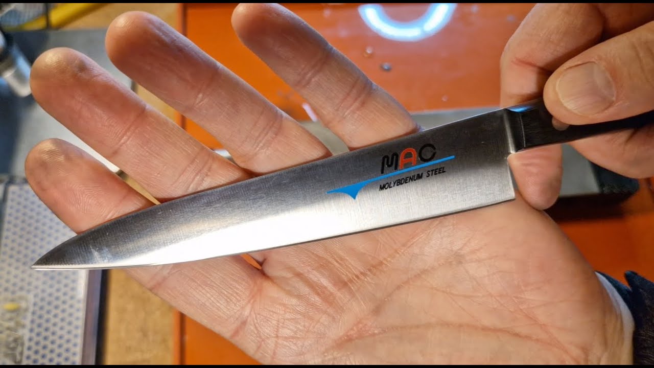 Reprofiling / Sharpening MAC Utility knife from 15 to 11 degrees YouTube