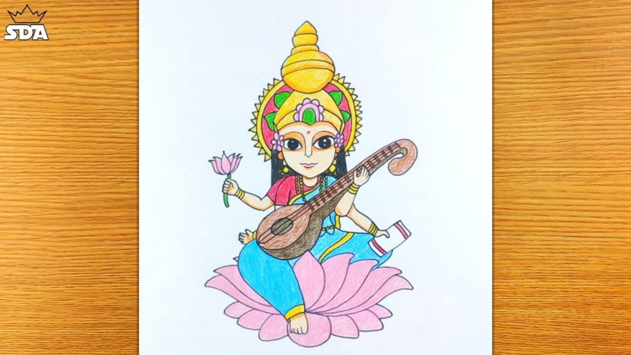 how to draw saraswati devi,maa saraswati full figer drawing,line art maa  saraswati thakur, - YouTube