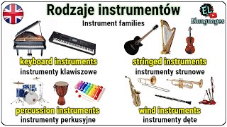 Rodzaje instrumentów muzycznych po angielsku dęte klawiszowe strunowe - Instrument families English