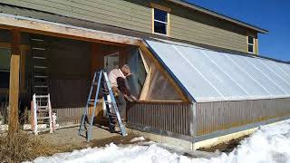 Earth Tube Heated Geothermal Greenhouse Build Part 7 - Sidewall Glazing Install - Repurposed Wood