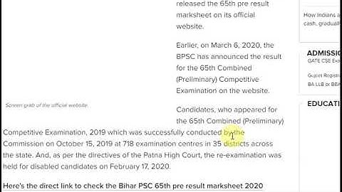 Bihar PSC 65th pre result marksheet 2020 released; check @bpsc.bih.nic.in