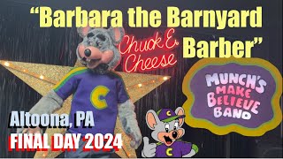 Barbara the Barnyard Barber Chuck E Cheese Altoona PA FINAL DAY Animatronics 3-Stage #animatronics
#chuckecheese #animatronics #fnaf #fivenightsatfreddys #fnafmovie #robot #robotics #cec #stage #stageshow #stageperformance
More Chuck E. Cheese and animatronics videos! https://www.youtube.com/channel/UCstjF1jXssy05QyoWOvWQHQ
Fun Facts about this location:
-Chuck E. Cheese in Altoona, PA closed two hours early on May 12, 2024, so corporate could remove and destroy the animatronic stage show.
-This type of stage is called a 3-Stage. After Altoona PAs remodel, only two of this type of stage remain in the world.
-This stage is part of Concept Unification. This was the process used to convert the ShowBiz Pizza Place locations into Chuck E. Cheeses locations in the late 80s and early 90s. This means that these characters were originally Rock-afire explosion animatronics and were repurposed as Munchs Make Believe Band.
-It has been reported that in early 2024, the animatronics were barely functional, but a repair worker came to fix the animatronics a few weeks before their removal purely for the love of the show.
-When this location first opened as a Showbiz Pizza Place in the 1980s, it is said that Penn State college students helped to build the animatronics.
-For this video, I dubbed in the raw audio of the song for maximum quality. You want Munchs Make Believe Band to sound their best, right?
I do not own the rights to any music, brands, products, or characters shown.
Disclaimer: Any brands, products, characters, and/or music mentioned in this video or description may not be made for the same audience as this video. Barbara the Barnyard Barber Chuck E Cheese Altoona PA FINAL DAY Animatronics 3-Stage #animatronics