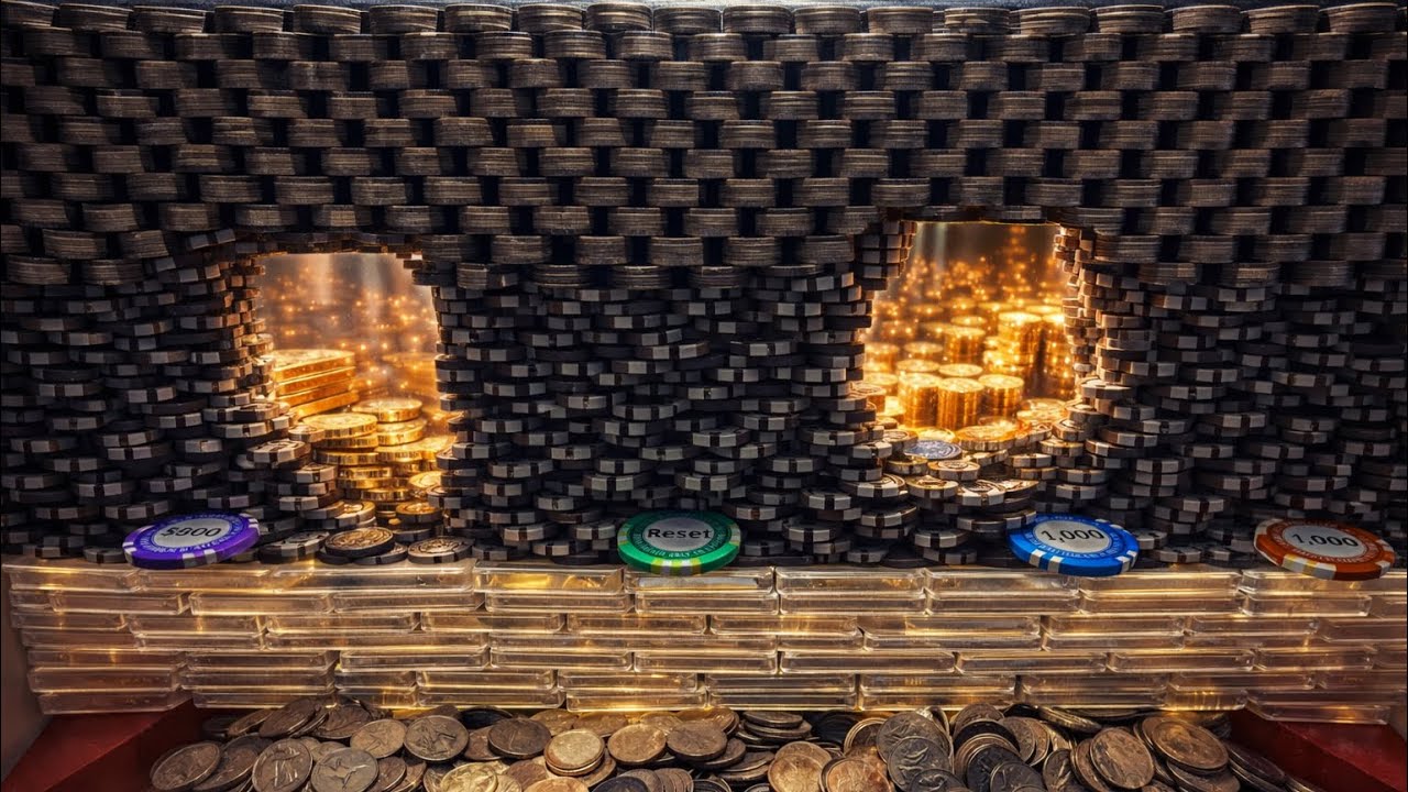 Massive poker chip wall, high limit coin pusher